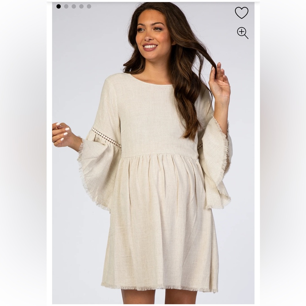Maternity Beige Raw Edge Bell Sleeve Babydoll Dress